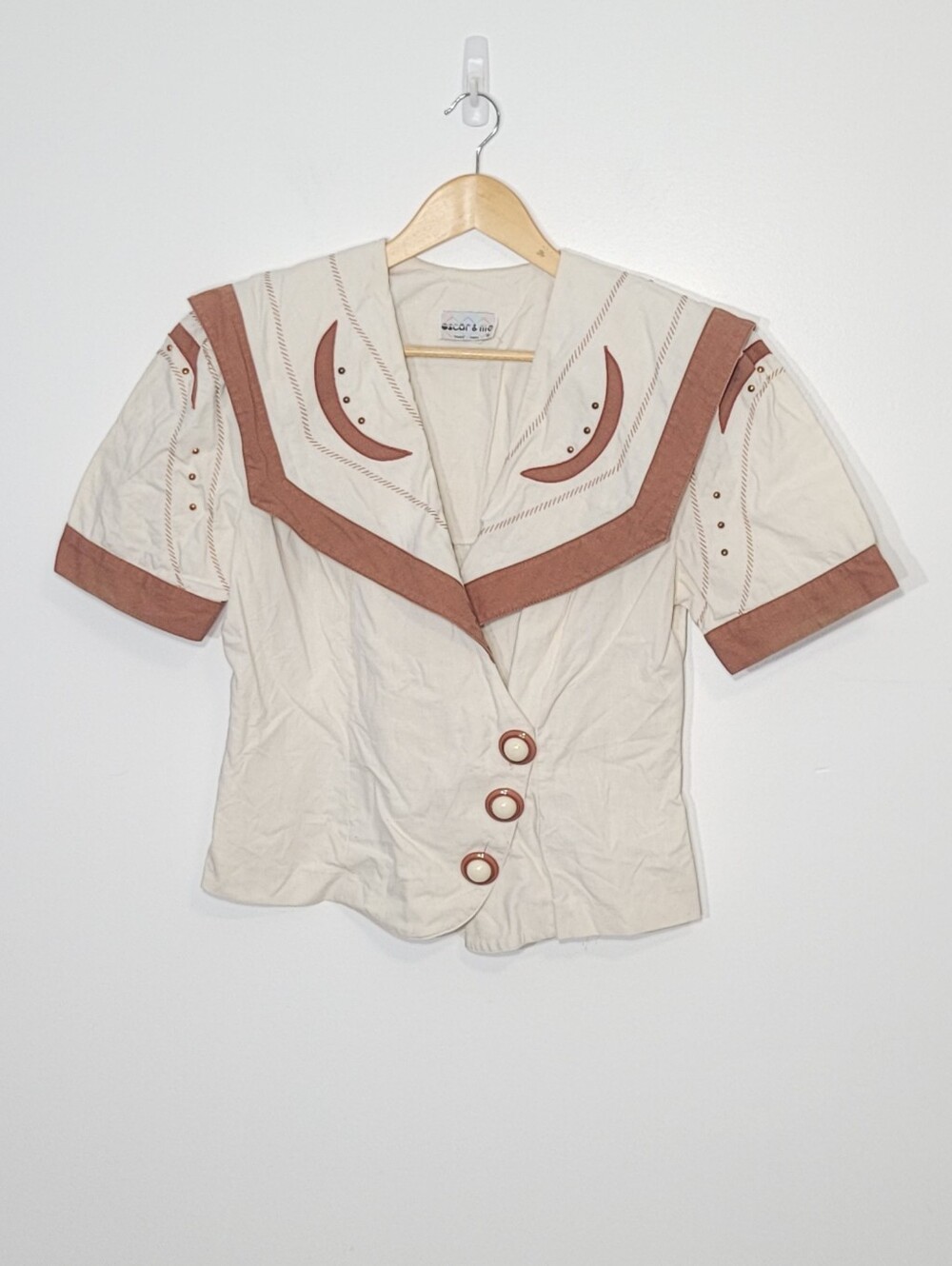 Vintage Ivory Linen Cotton Blend Carmel Trim Retro Buttons Short Sleeve Blazer L
